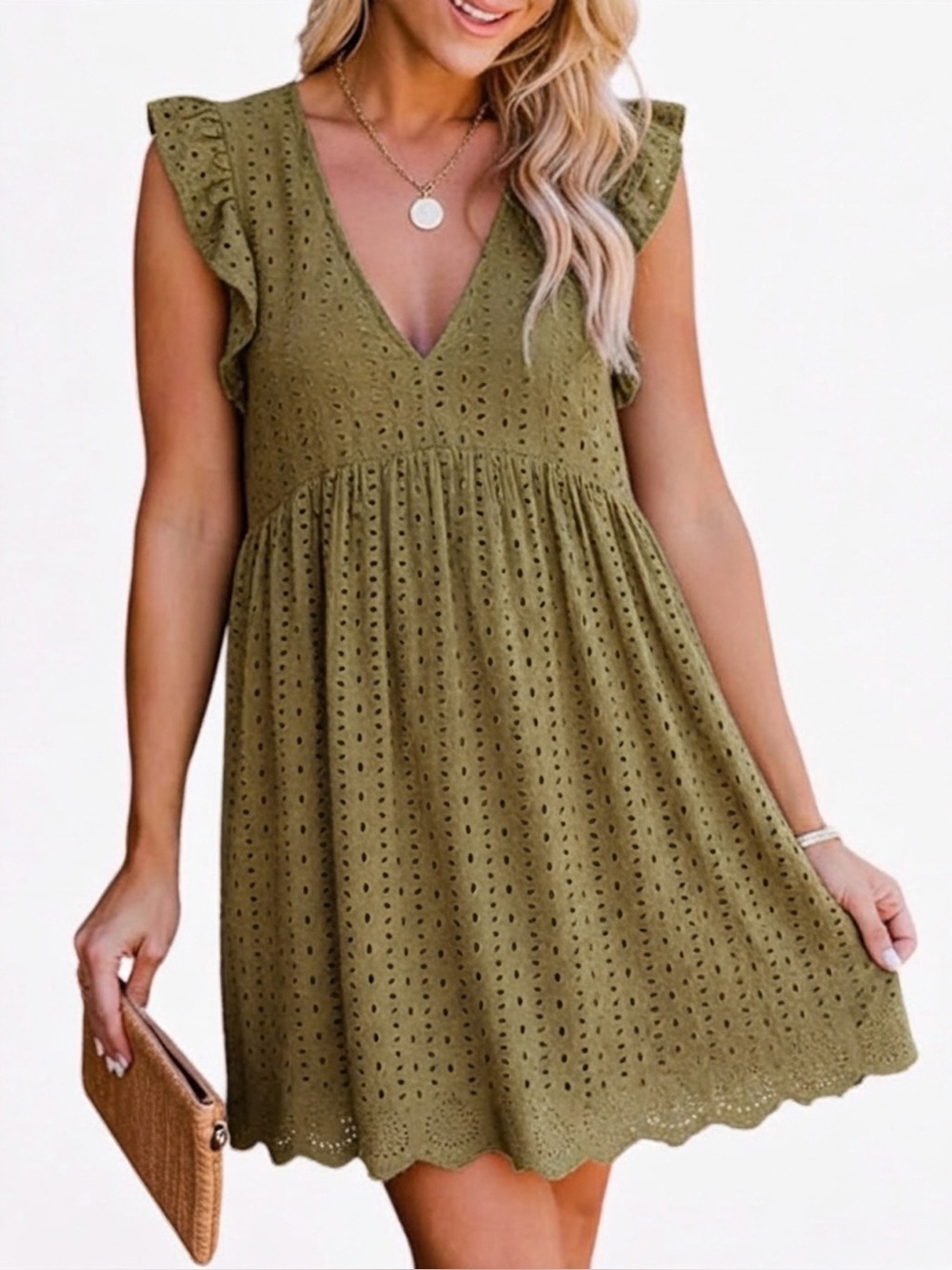 Mustard Seed Olive Eyelet Ruffle Sleeve V-Neck Romper w/ Pockets. Size M